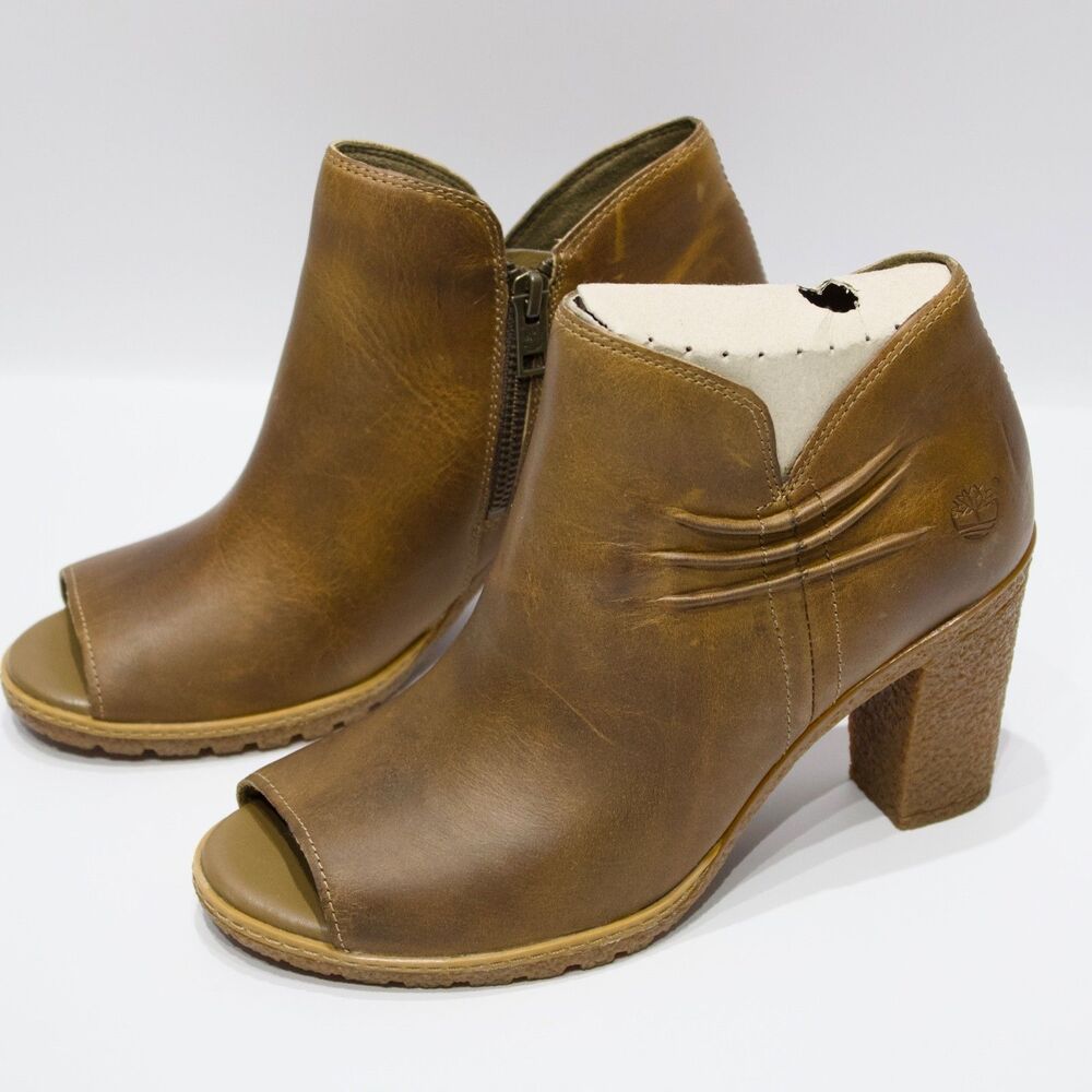NWOB Timberland Glancy Brown Leather Ruched Peep Toe Heeled Ankle Bootie Women 8